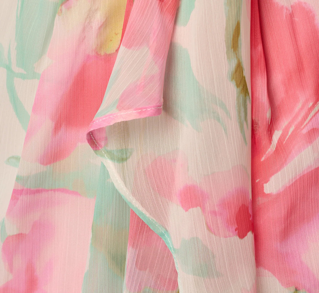 Sleeveless Draped Floral Chiffon Midi Sheath Dress In Coral Green Multi