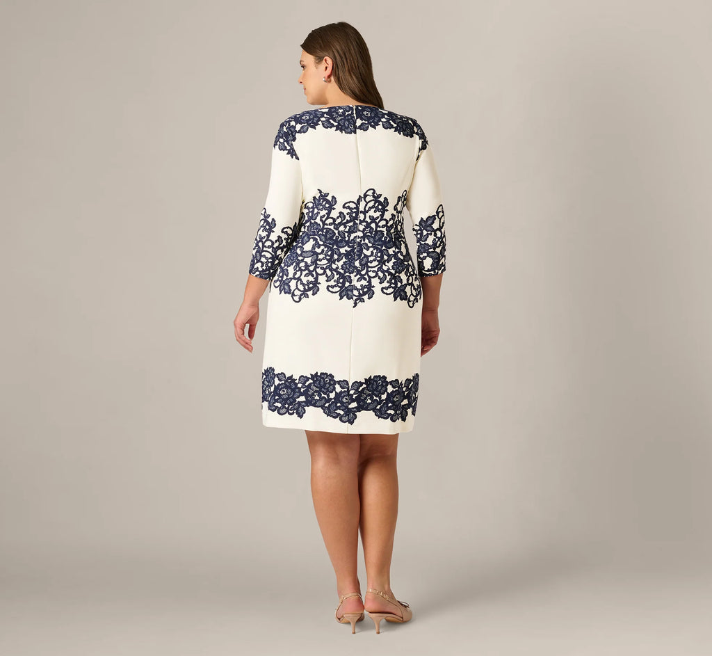Plus Size Scroll Lace Midi Dress With Three Quarter Sleeves In Ivory Navy