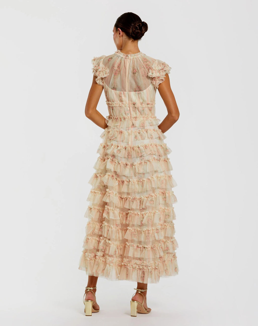 Pink Cap Sleeve Micro Ruffle Floral Midi Dress