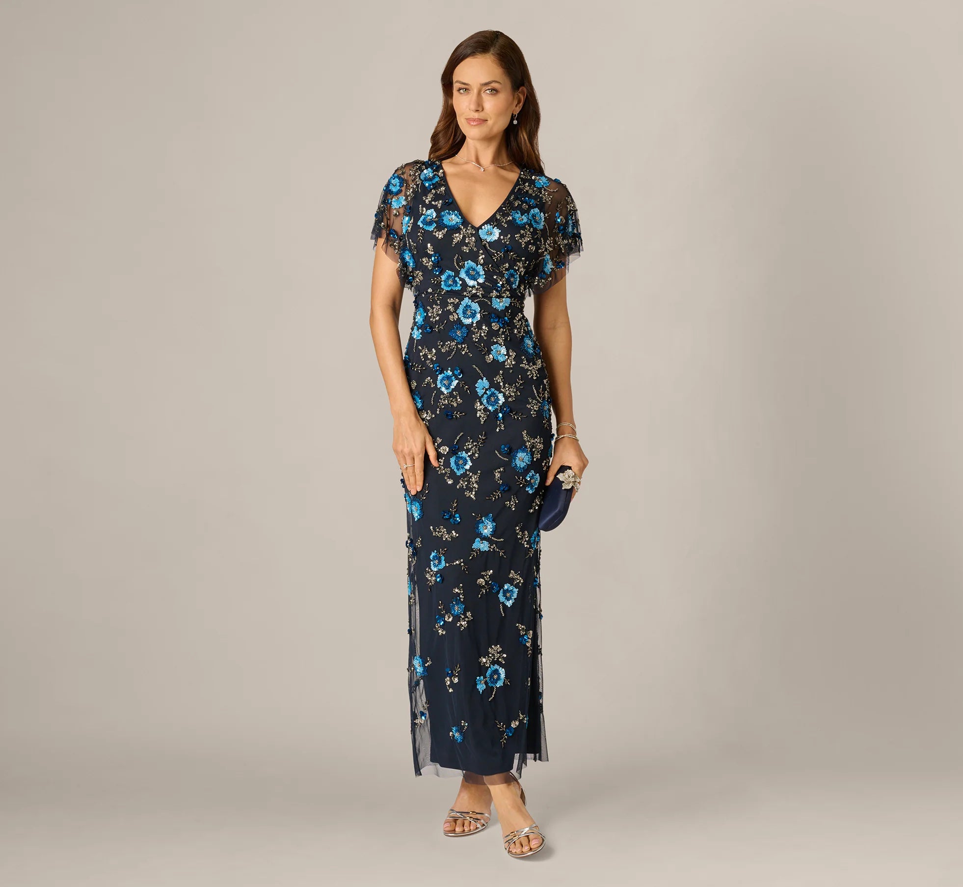 Flutter Sleeve Floral Beaded Column Gown In Midnight Multi