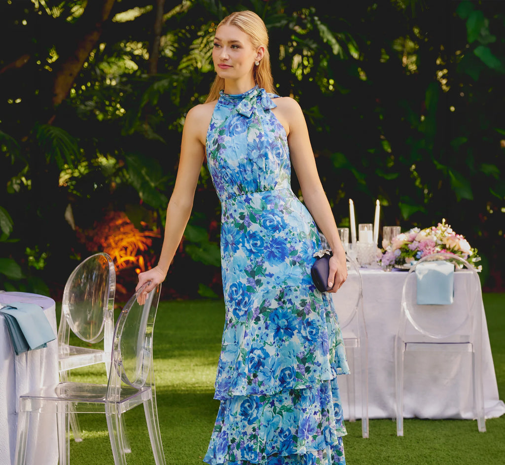Tiered Metallic Floral Chiffon Halter Gown In Blue Multi