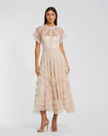 Pink Flutter Sleeve Micro Ruffle Midi Dress