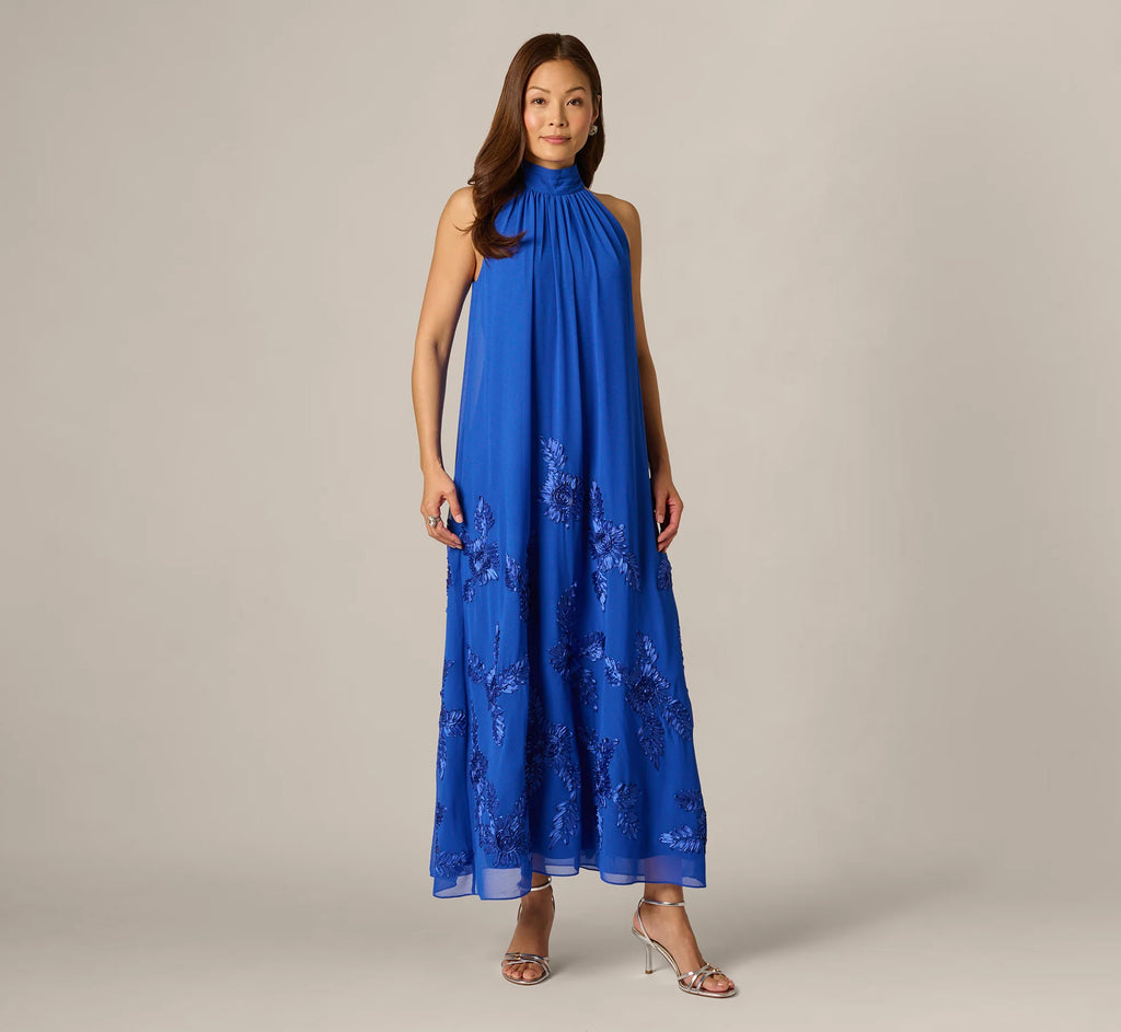 Georgette Soutache Embroidery Trapeze Halter Dress In Brilliant Sapphire