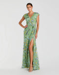 Faux Wrap Embroidered Cap Sleeve Gown
