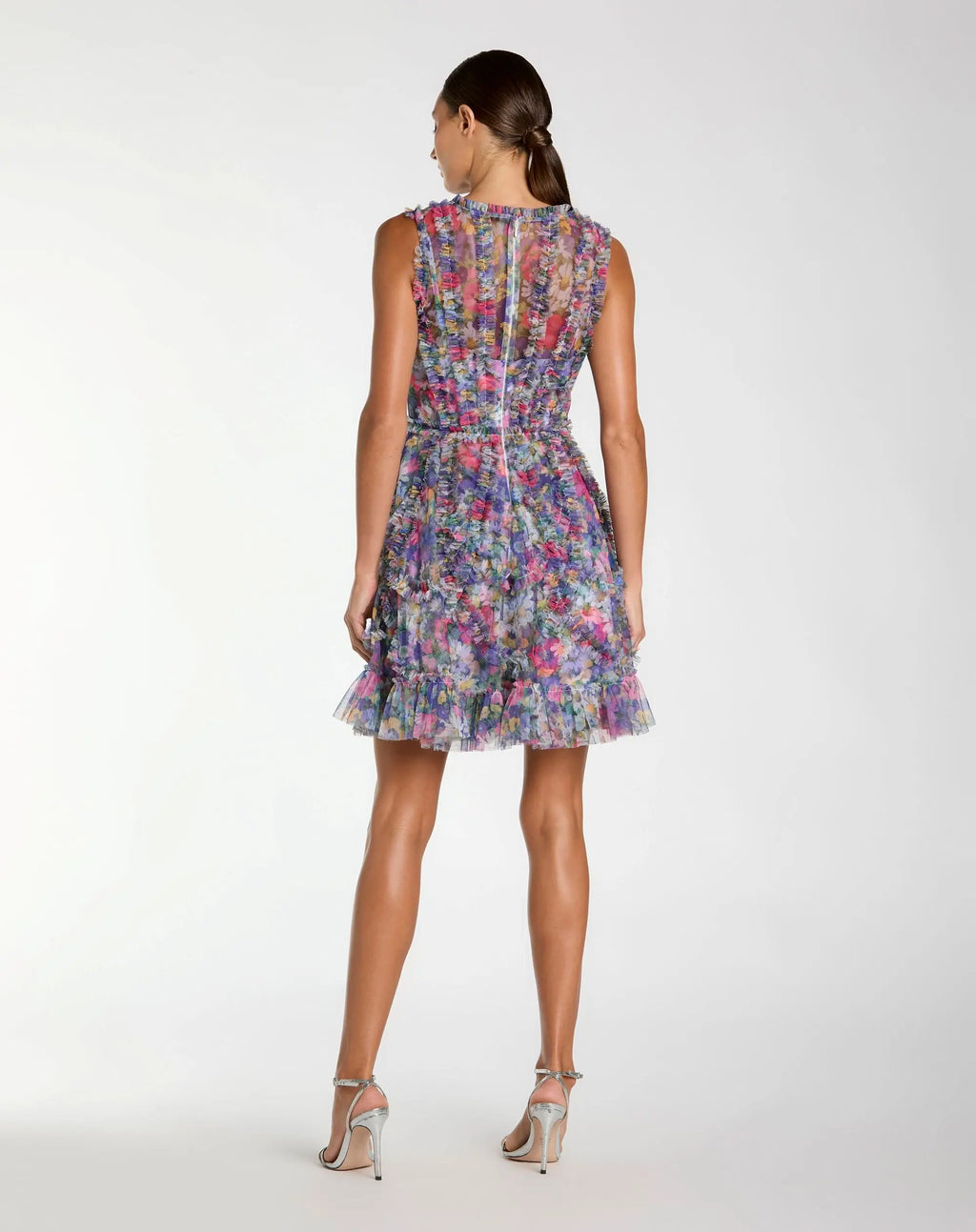 Purple Multicolor Micro Ruffle Floral A-Line Mini Dress