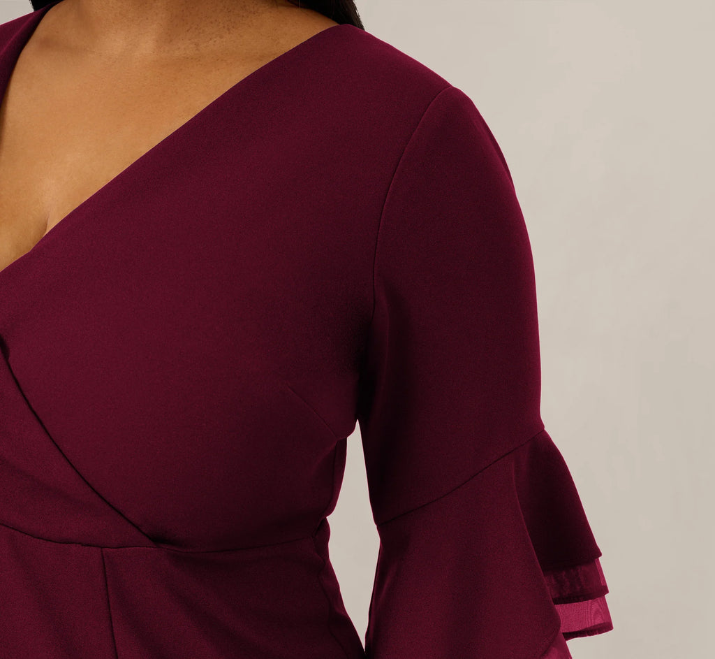 Plus Size Three Quarter Bell Sleeve Sheath Midi Dress In Cabernet
