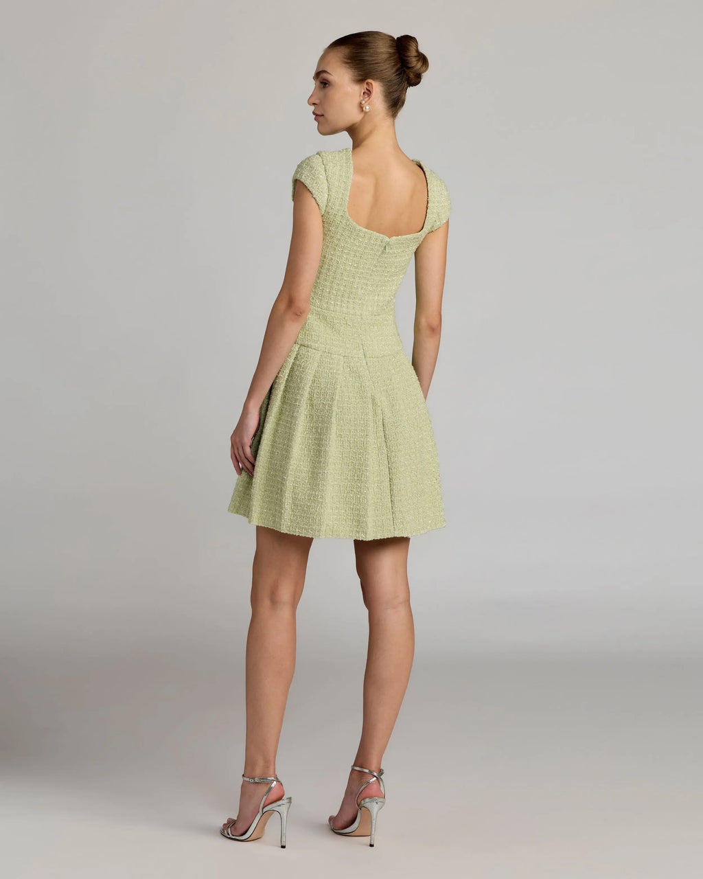Green Tweed Cap Sleeve Pleated Mini Dress