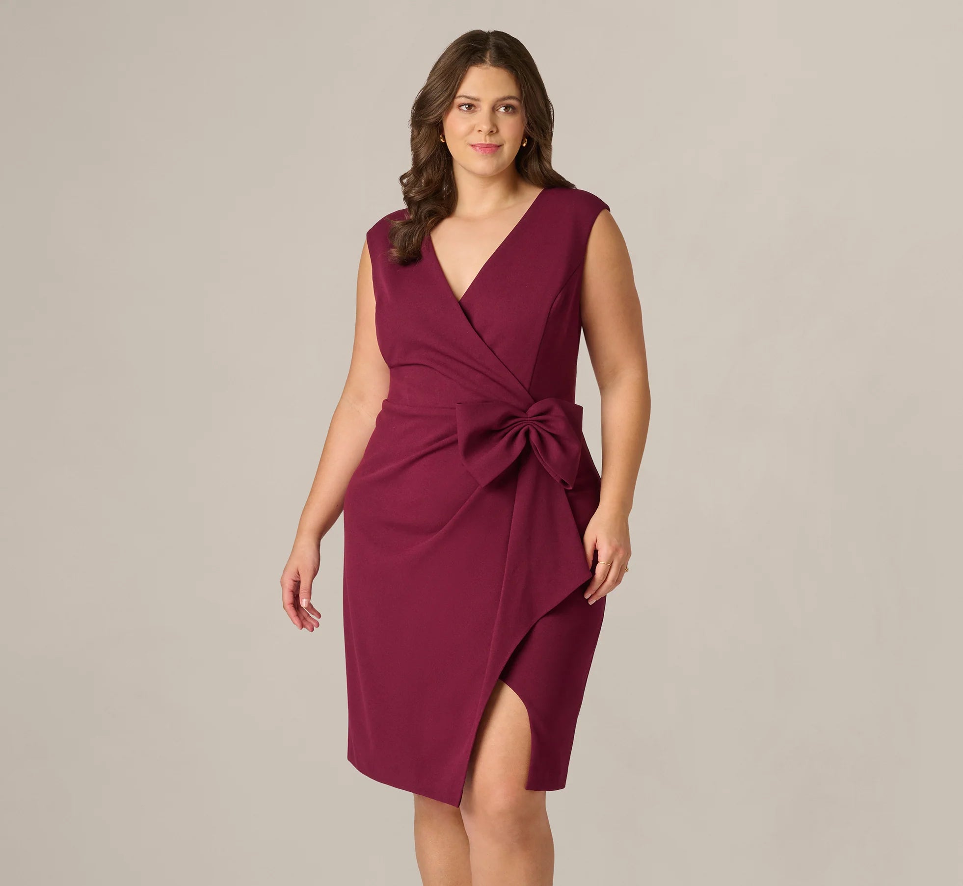 Plus Size Bow Accent Stretch Wrap Dress In Cabernet