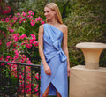 One Shoulder Draped Bow Cocktail Dress In Icy Topaz