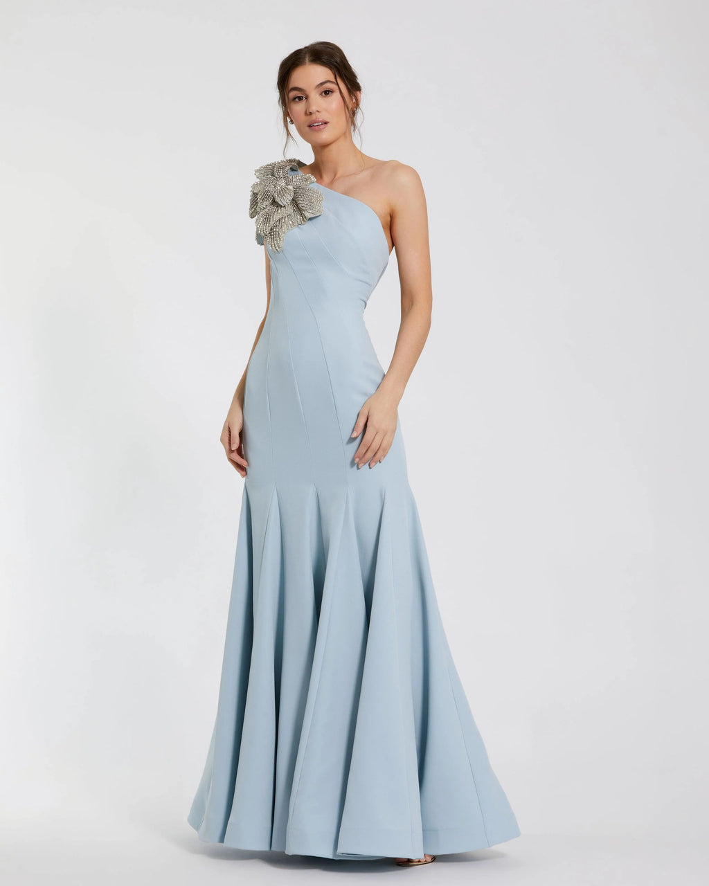 Petite Blue Crepe One Shoulder Mermaid Gown With Flower