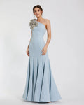 Petite Blue Crepe One Shoulder Mermaid Gown With Flower