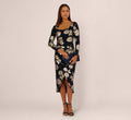 Long Sleeve Stretch Metallic Rose Floral Midi Dress In Navy Gold