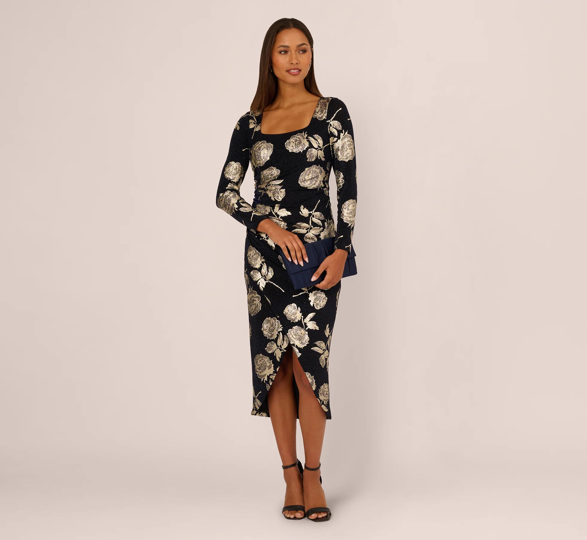 Long Sleeve Stretch Metallic Rose Floral Midi Dress In Navy Gold