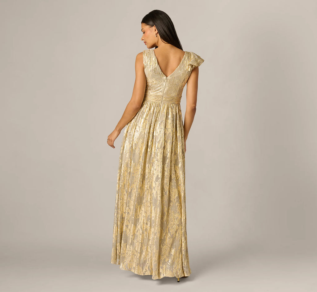 Sleeveless Metallic Crinkle Ruffle Gown In Champagne Gold