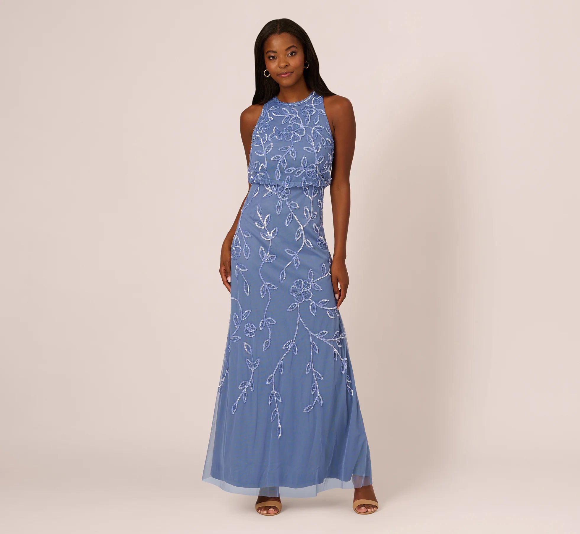 Sleeveless Blouson Mermaid Gown With Jasmine Beading In French Blue