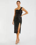 Black Sequined One Shoulder Front Bow Dress - FINAL SALE