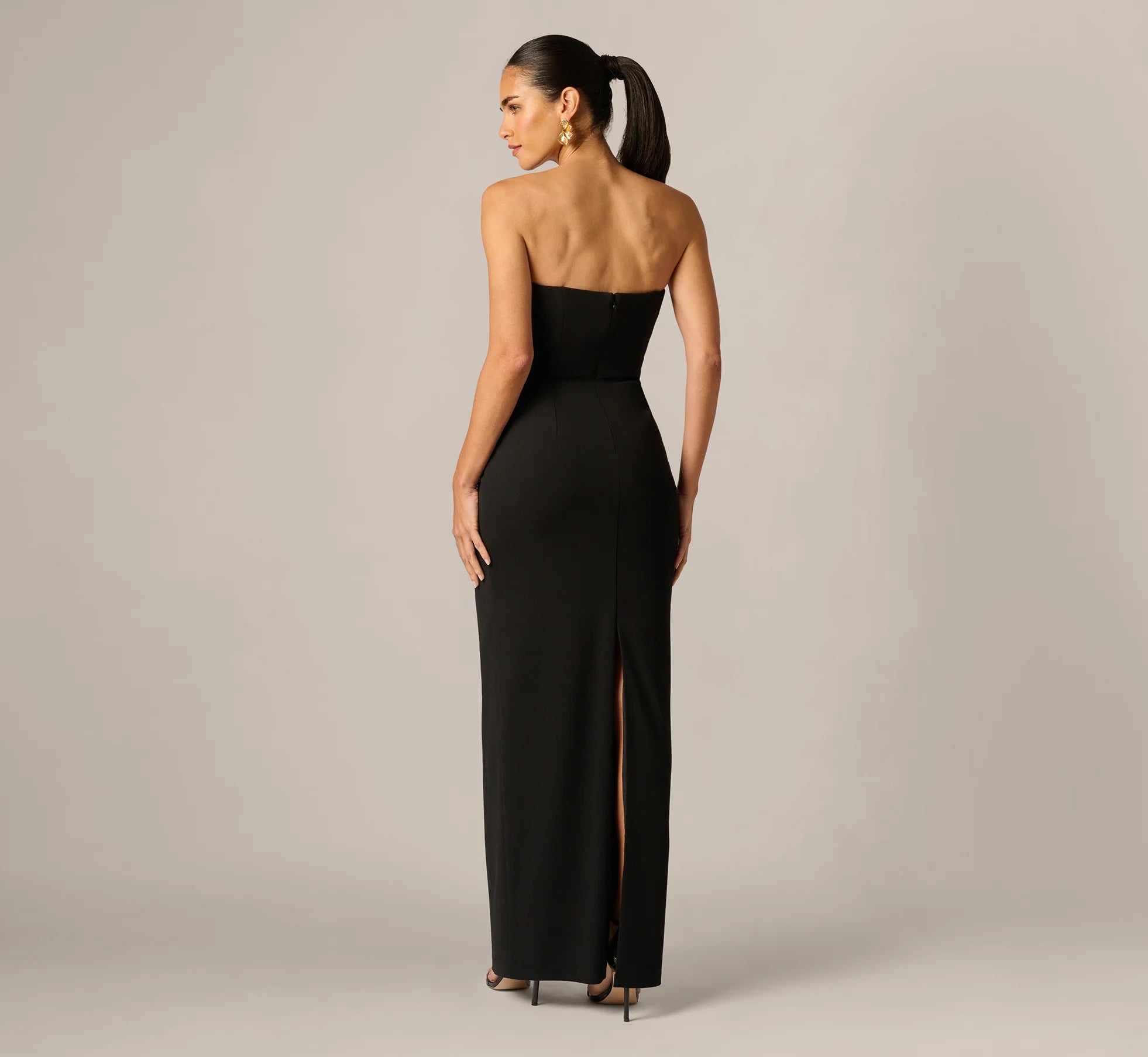 Strapless Beaded Placement Floral Gown In Black Multi