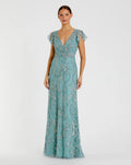 Blue V Neck Flutter Sleeve Embroidered Lace Gown