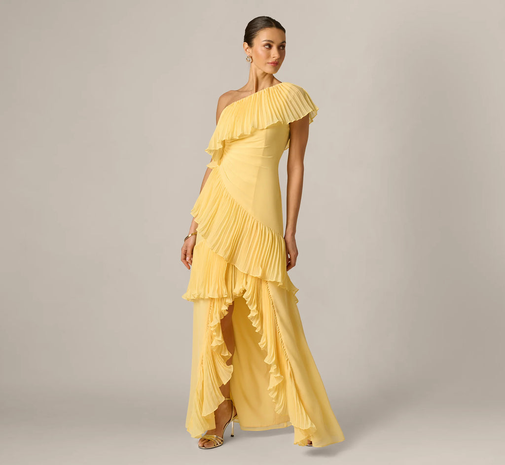 One Shoulder Pleated Flounce High Low Gown In Butter Yellow