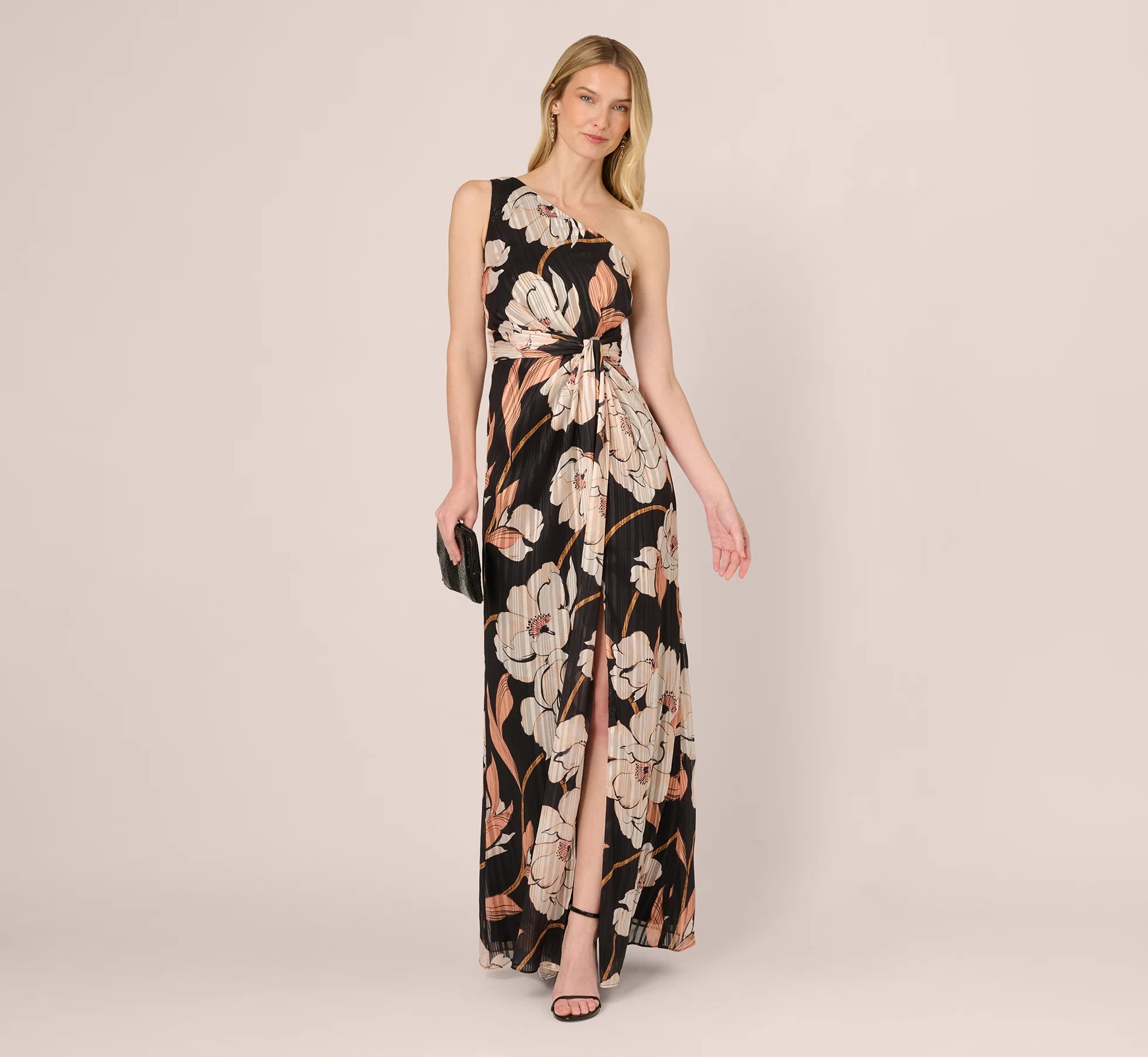 One Shoulder Floral Ribbon Stripe Gown In Black Multi