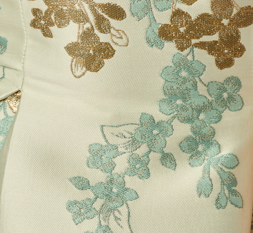 Floral Jacquard Ankle Length Dress With Off The Shoulder Neckline In Sage Gold