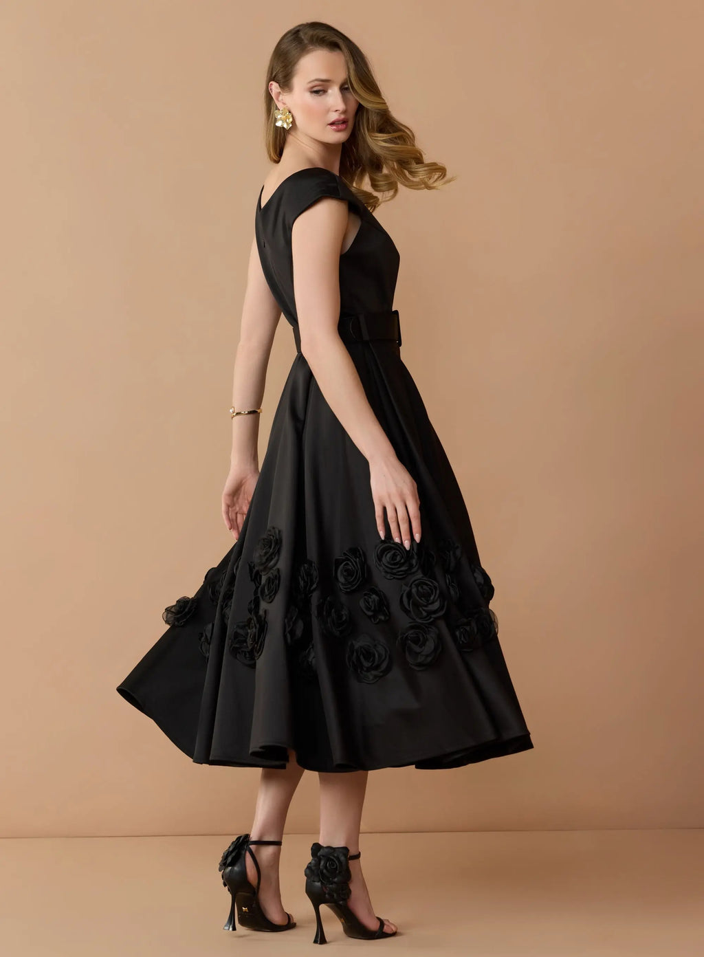 Black Satin Cap Sleeve Midi Dress With 3D Flowers