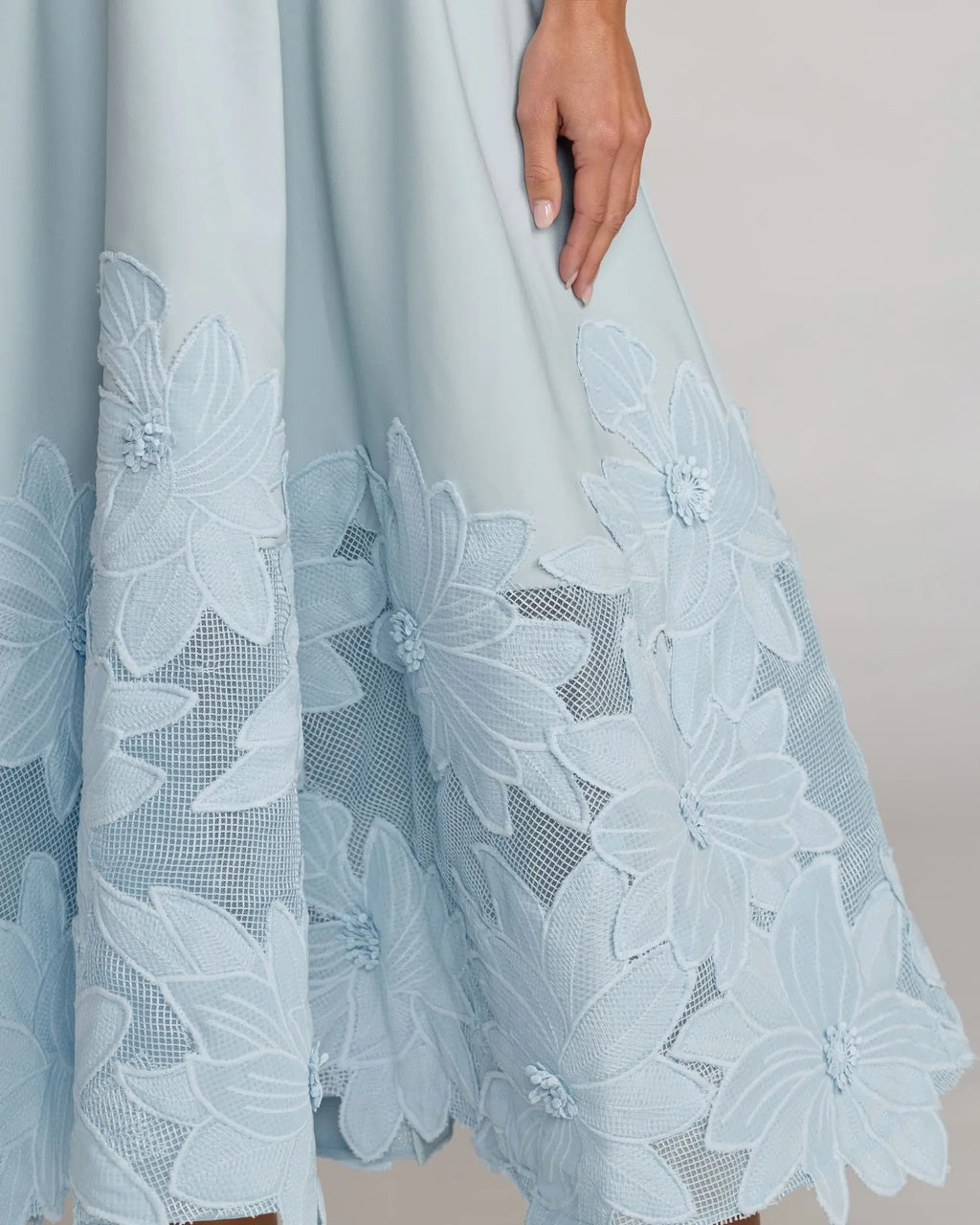 Blue Strapless Floral Appliqué Midi Dress