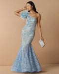 Blue Sleeveless One Shoulder Embroidered Mermaid Gown