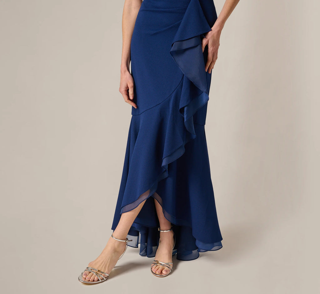 Off Shoulder Stretch Crepe Draped Gown In Navy Sateen