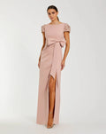 Pink Beaded Cap Sleeve Crepe Gown With Bow and Slit