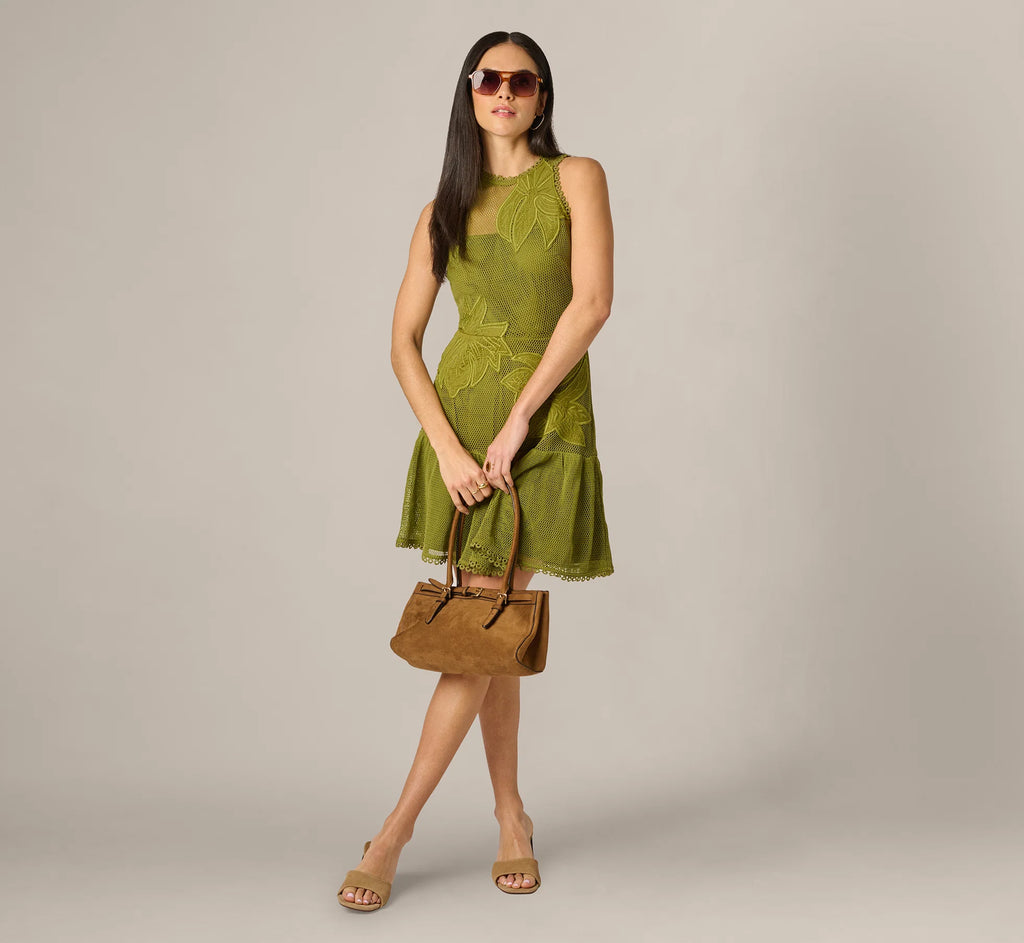 Cotton Mesh Floral Short Dress In Dark Moss