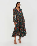 Teal Long Sleeve Floral Midi Dress With Ruffles
