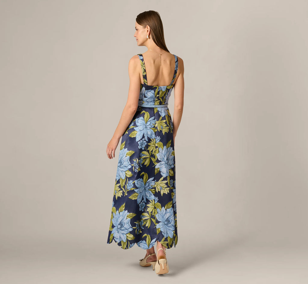 Floral Jacquard Sweetheart Scalloped Ankle Dress In Blue Multi