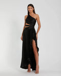 Black One Shoulder Pleated Charmeuse Gown with Slit