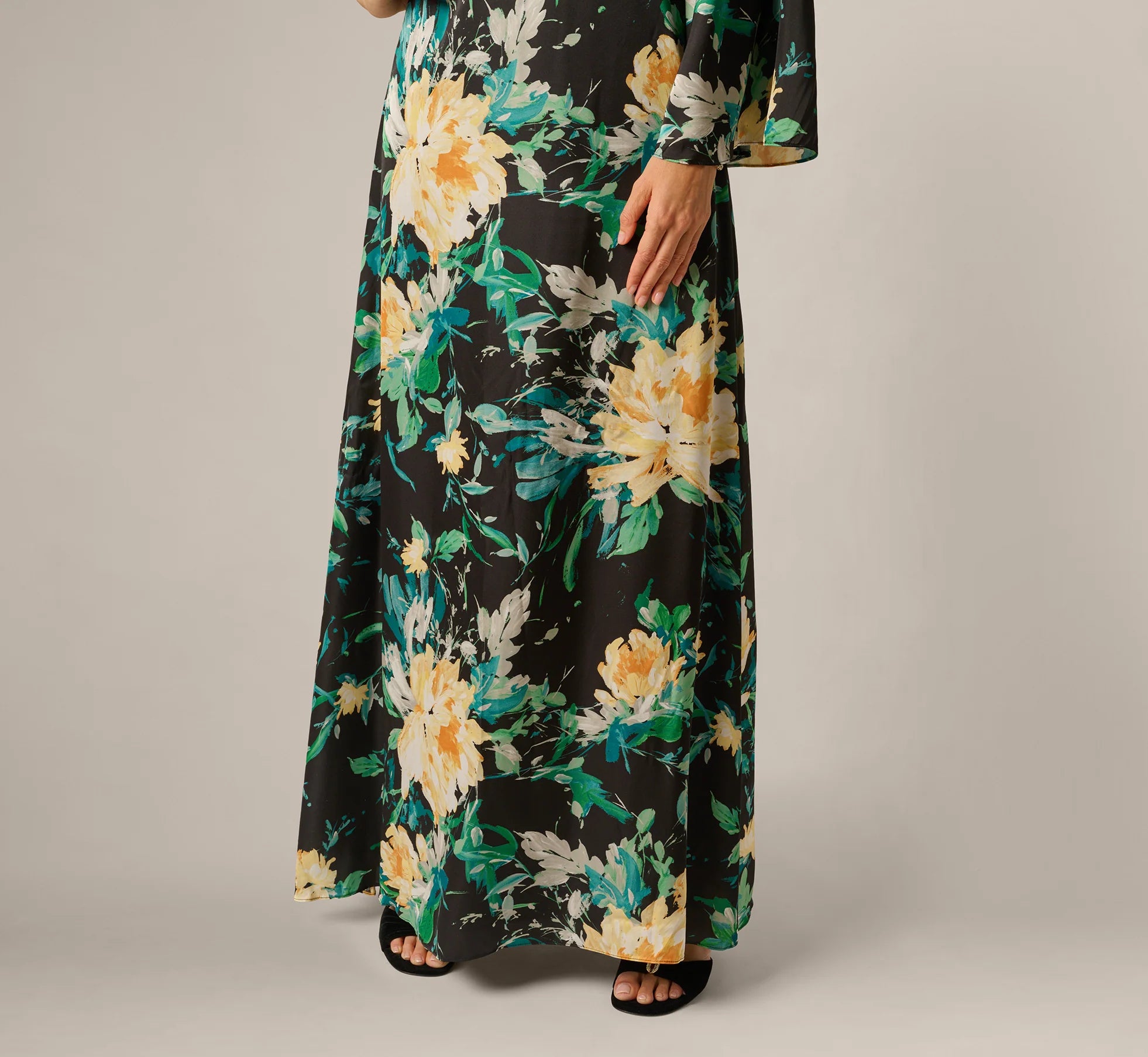 One Shoulder Long Sleeve Floral Satin Gown In Black Multi