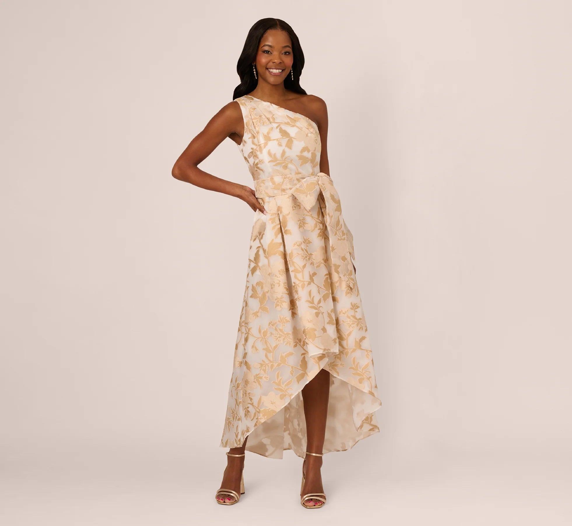 One Shoulder Organza Jacquard High Low Gown In Champagne Ivory