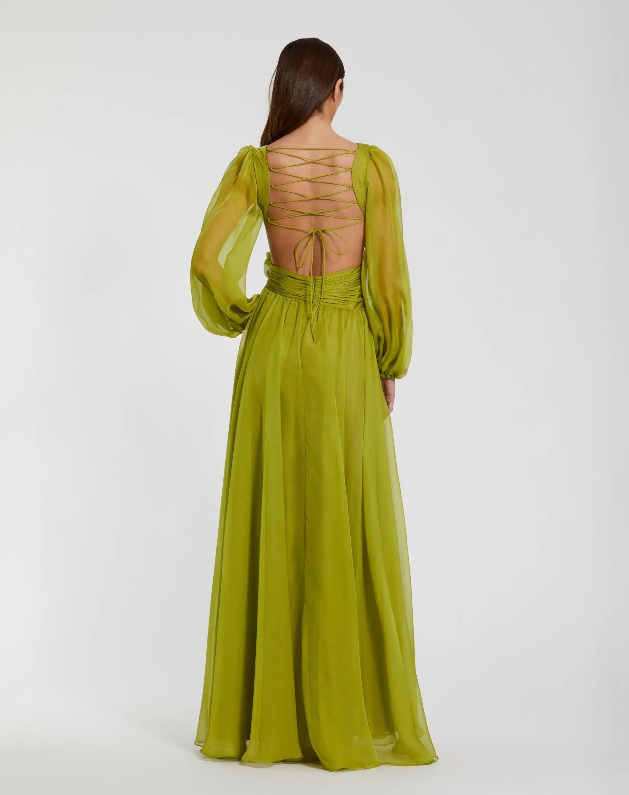 Green Long Sleeve V-Neck Chiffon Gown With 3D Flower