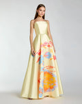 Yellow Strapless Mikado Ball Gown With Floral Print