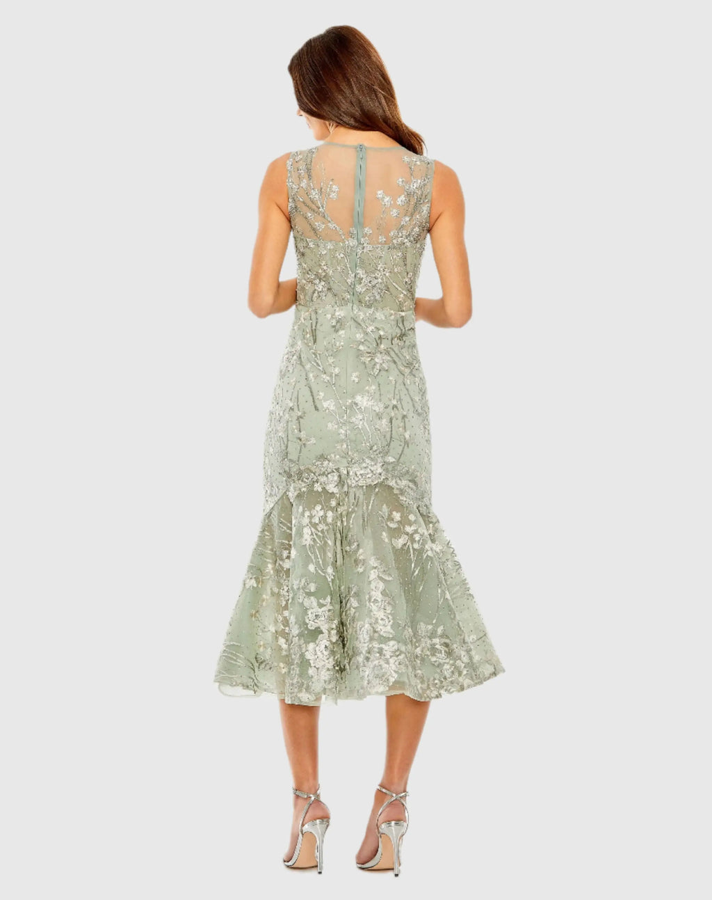 Green Sleeveless Embroidered Trumpet Midi Dress