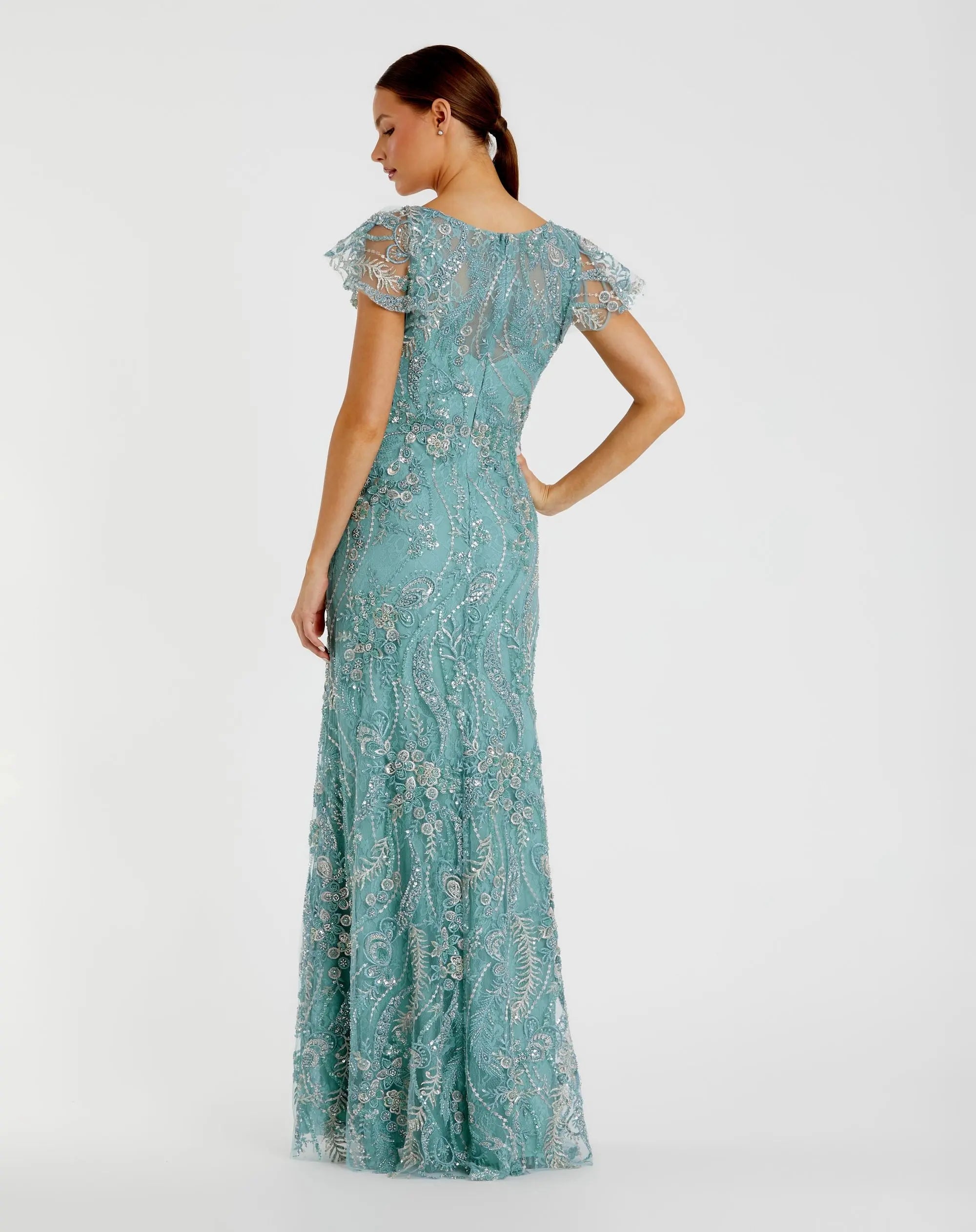 V Neck Flutter Sleeve Floral Embroidered Gown