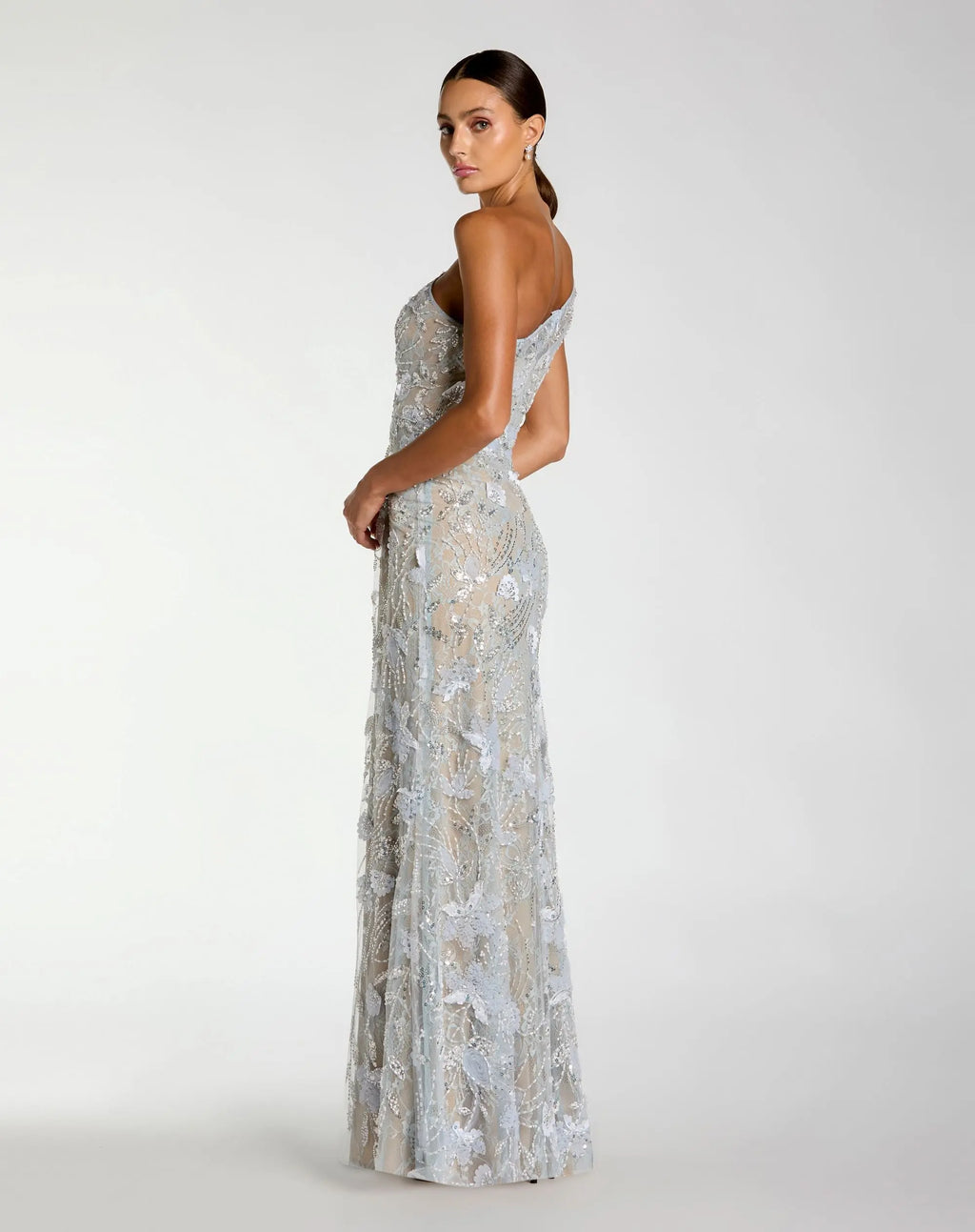 Blue Sleeveless One Shoulder Embellished Lace Gown