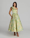 Green One Shoulder Brocade Midi Dress With Bow Detail