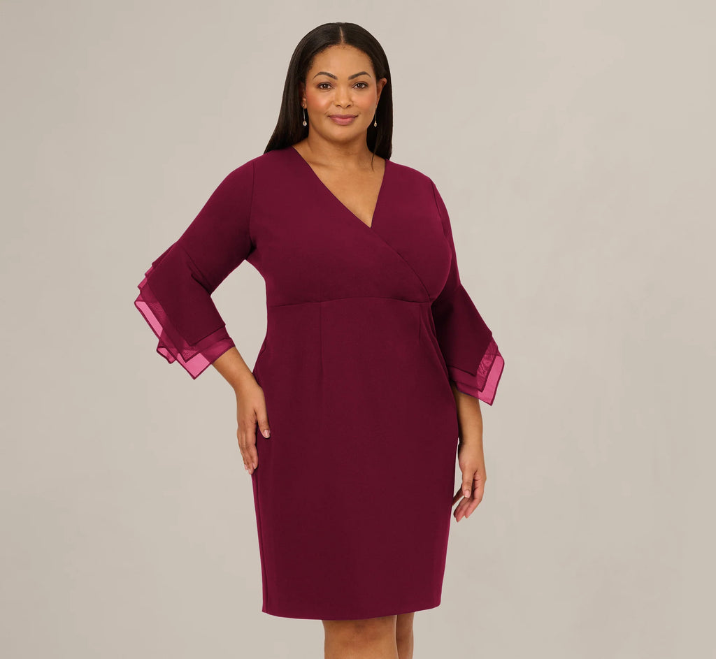 Plus Size Three Quarter Bell Sleeve Sheath Midi Dress In Cabernet