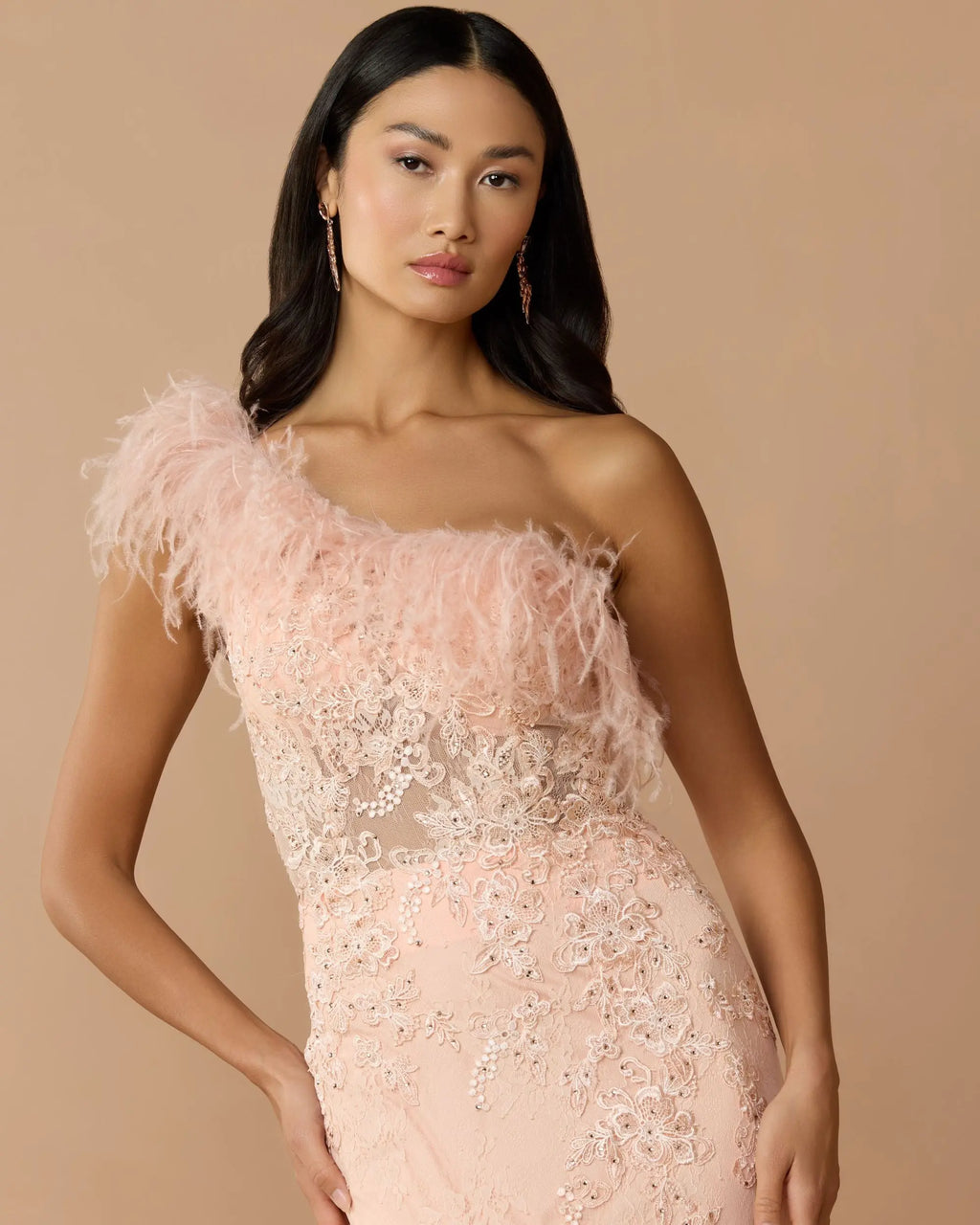 Pink One Shoulder Feather Embellished Mermaid Gown