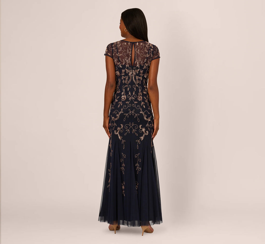 Floral Beaded Godet Gown With Sheer Neck And Short Sleeves In Navy Rosegold