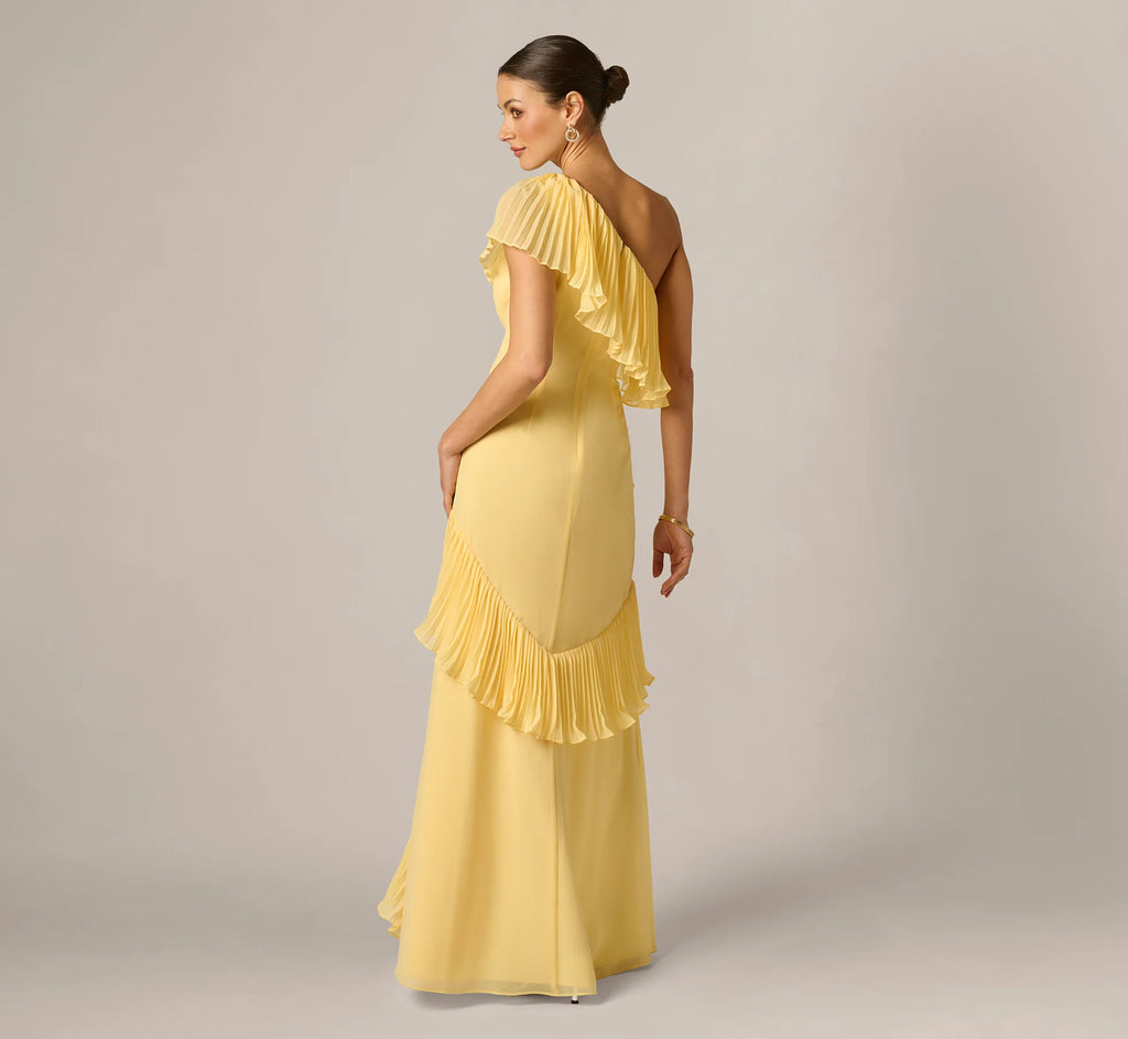 One Shoulder Pleated Flounce High Low Gown In Butter Yellow