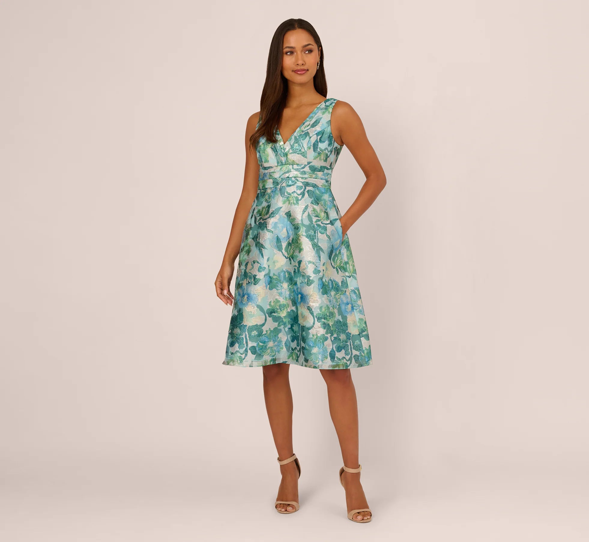 Metallic Floral Jacquard Midi Dress In Blue Multi