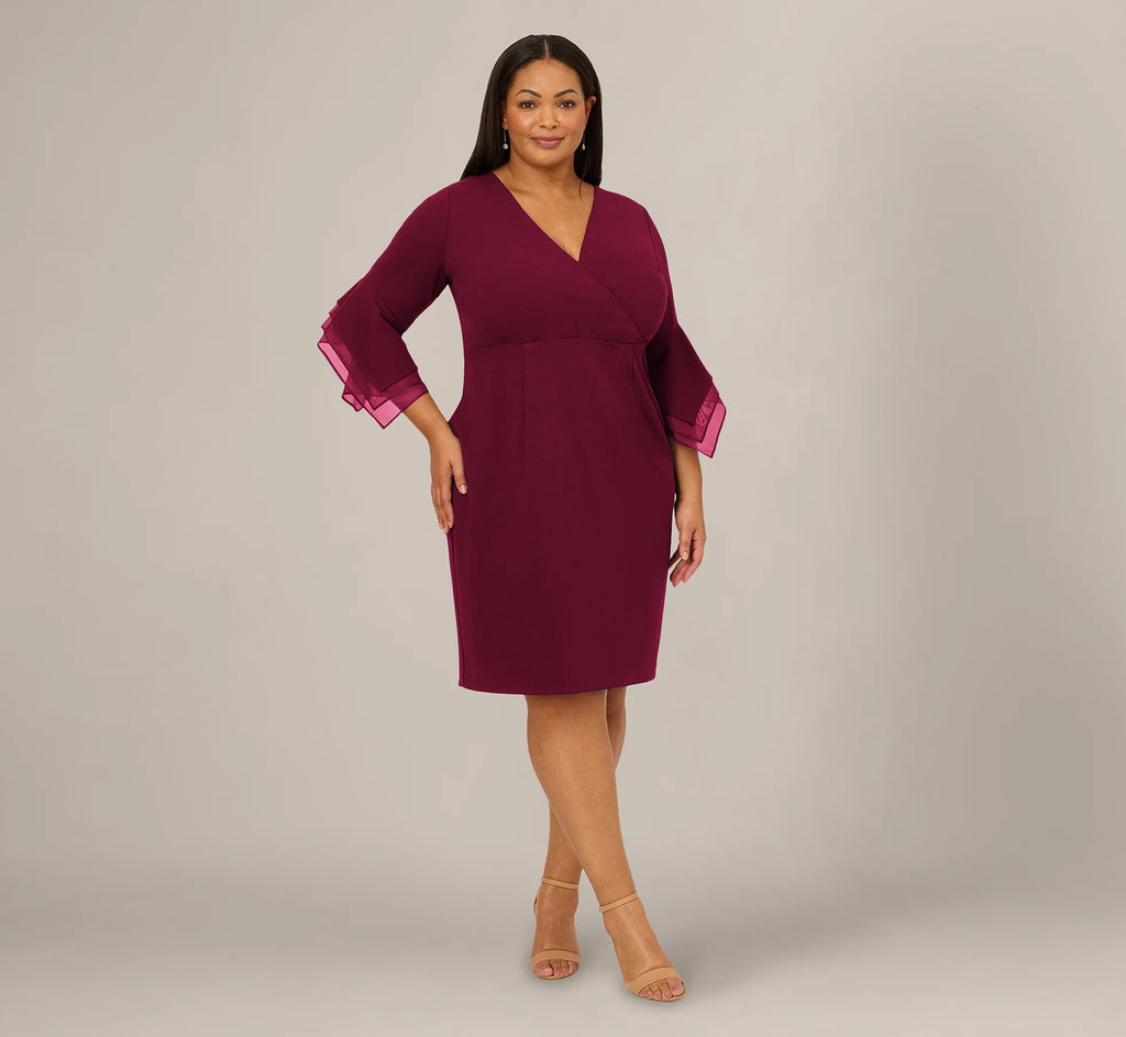 Plus Size Three Quarter Bell Sleeve Sheath Midi Dress In Cabernet