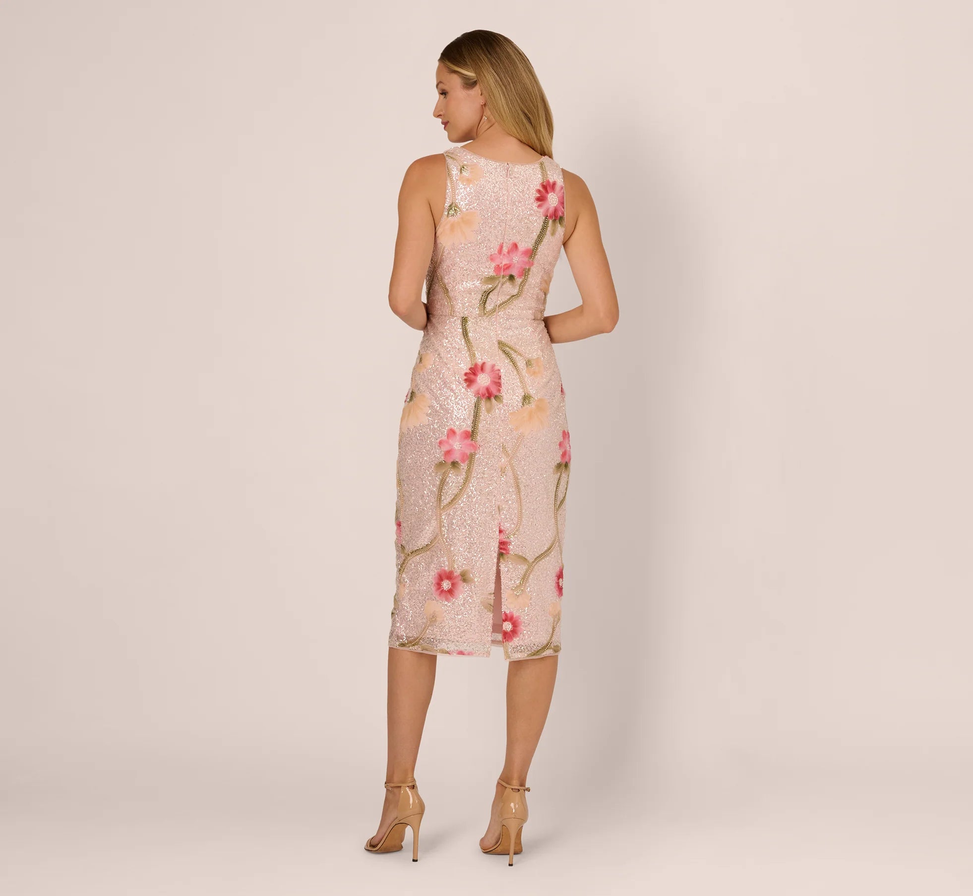 Sequin Floral Midi Sheath Dress In Silver Blush Multi