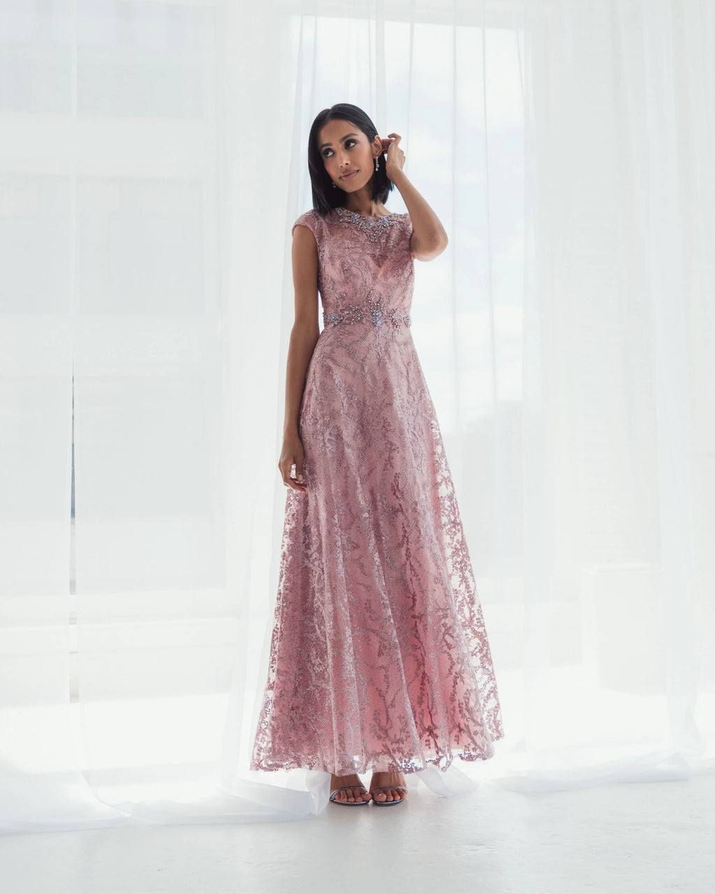Pink Embroidered Cap Sleeve A Line Gown